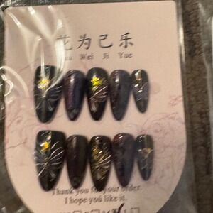 Black Press On Nails Almond‎ Shape w/Glitter Art Design